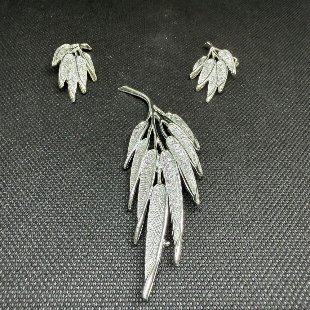 Vtg Judy Lee Jewelry Set Signed Silver Tone Textured Leaf Brooch Clip On Earring